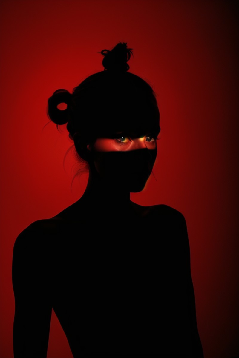 1girl, spotlight, silhouette, looking at viewer, cowboy shot, hair bun, gallus, simple background, red background, dark th...